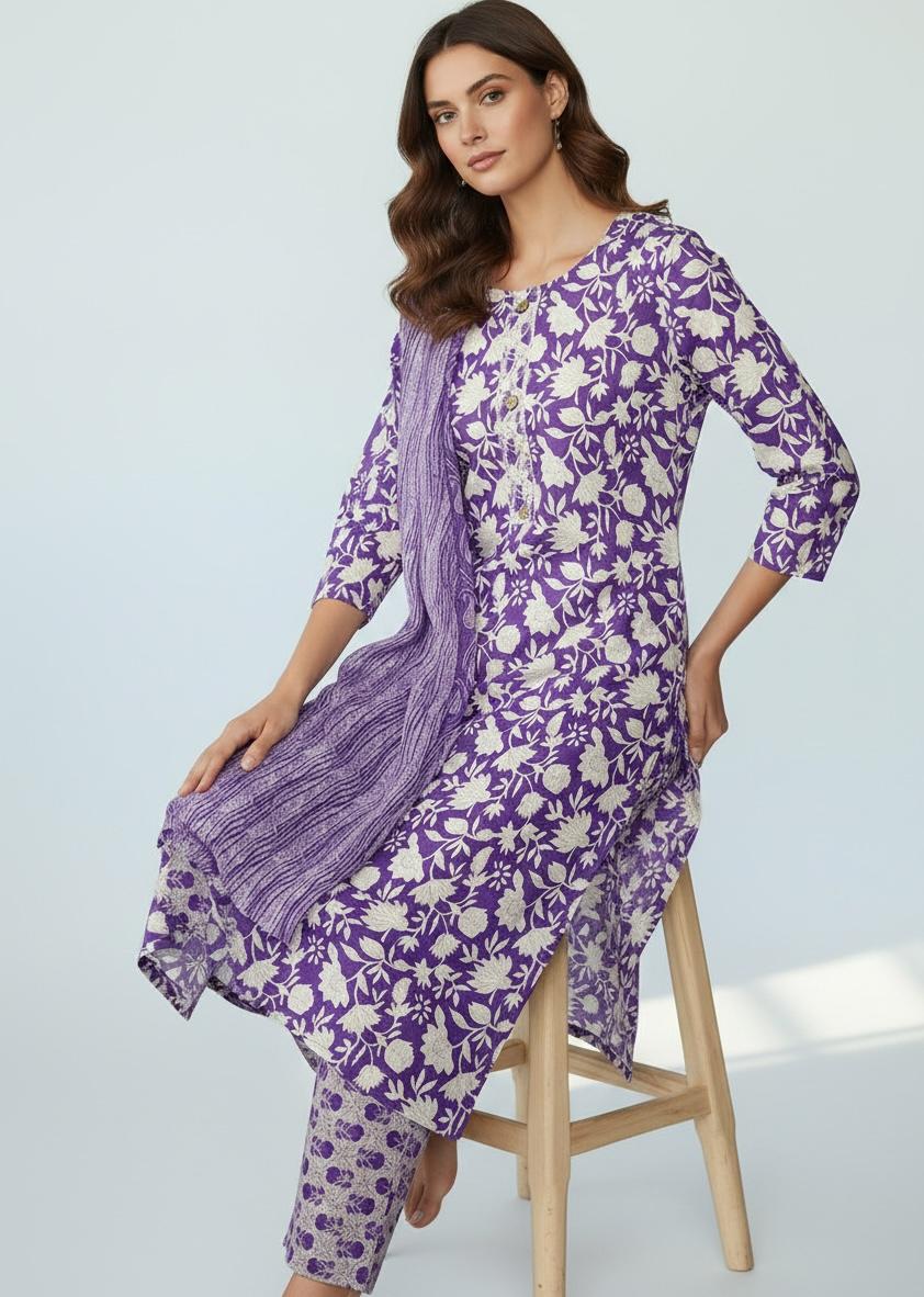 Purple Floral Printed Cotton Kurti Set with Dupatta